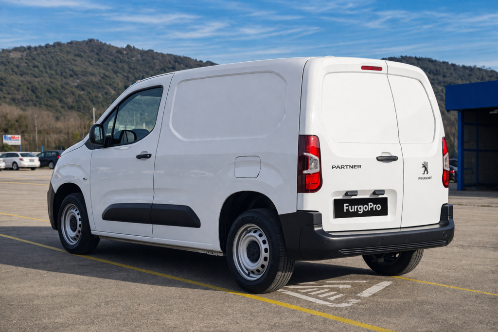 Peugeot Partner blanca de segunda mano vista lateral trasera derecha en parking exterior lista para trabajar