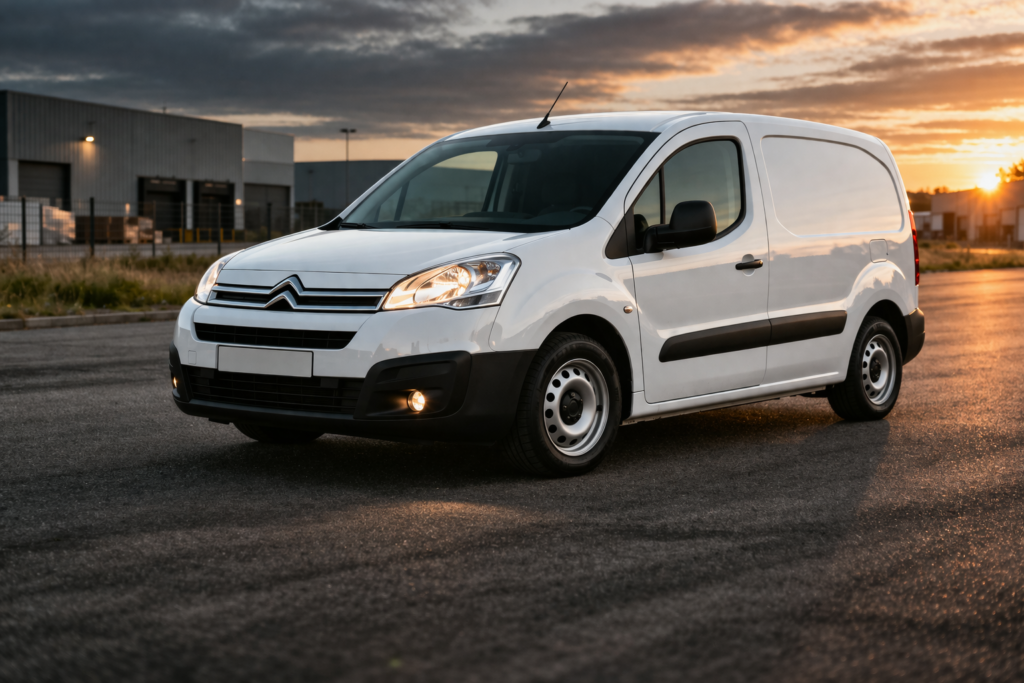 furgoneta de ocasión blanca lista para trabajar en entorno industrial al atardecer