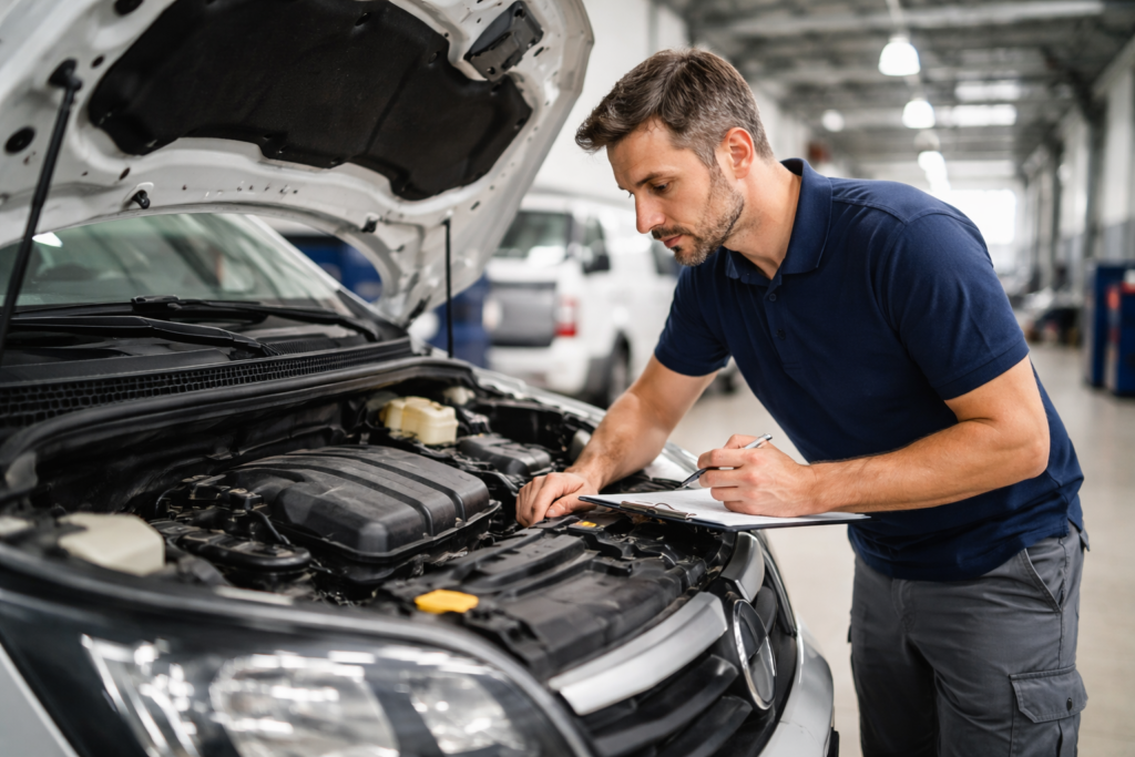 experto en furgonetas revisando motor de vehículo industrial en taller en Girona