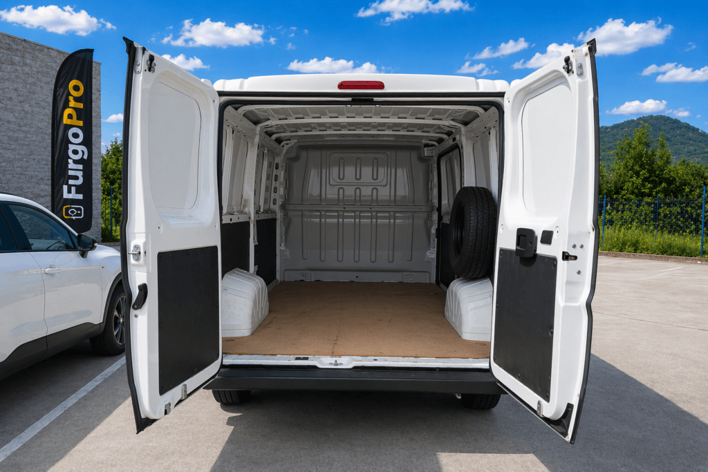 interior zona de carga peugeot boxer l2h1 puertas traseras abiertas
