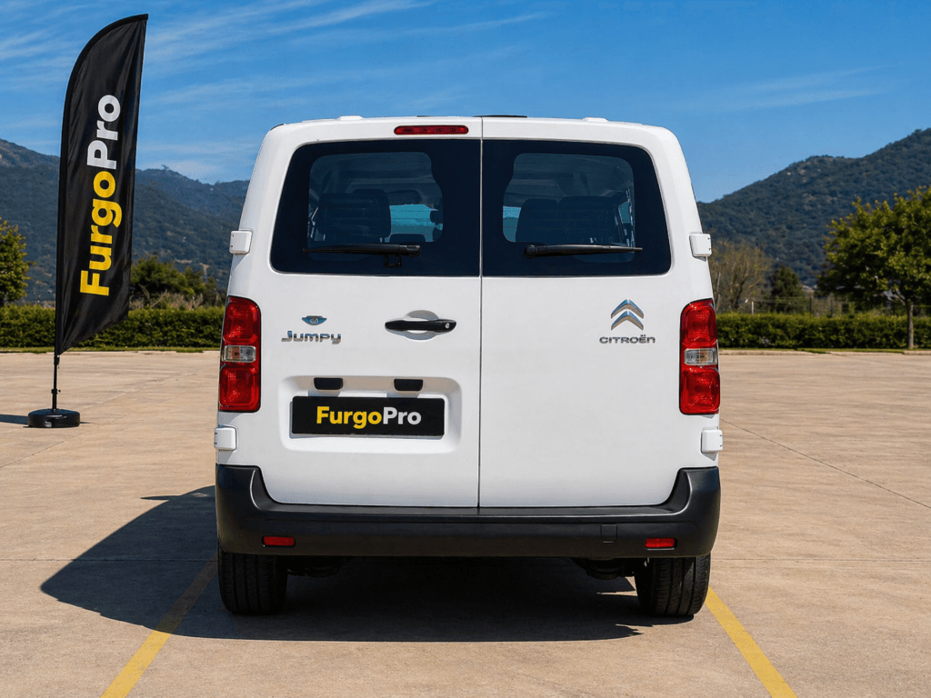 citroen jumpy mixta 8 plazas blanca segunda mano vista trasera en parking con bandera furgopro