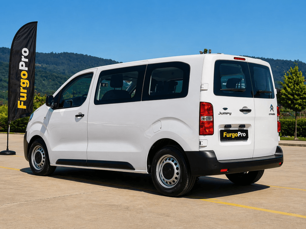 citroen jumpy mixta 8 plazas blanca segunda mano vista trasera lateral en parking con bandera furgopro 