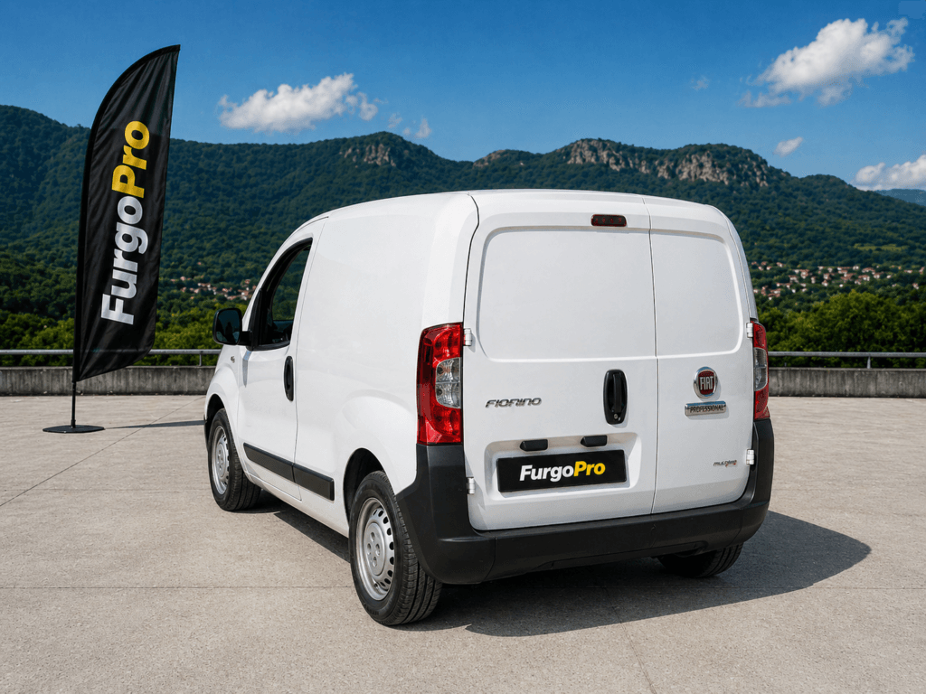 Fiat Fiorino 2016 furgon blanca vista trasera lateral segunda mano en Girona con fondo montañas Garrotxa y diseño FurgoPro profesional lista para trabajar