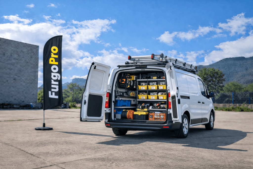 furgoneta mediana de segunda mano con puertas abiertas y cosas de electricistas