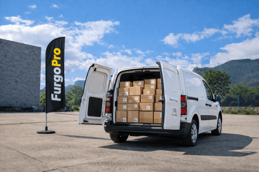 furgoneta pequeña de segunda mano para reparto con puertas abiertas y paquetes en el interior