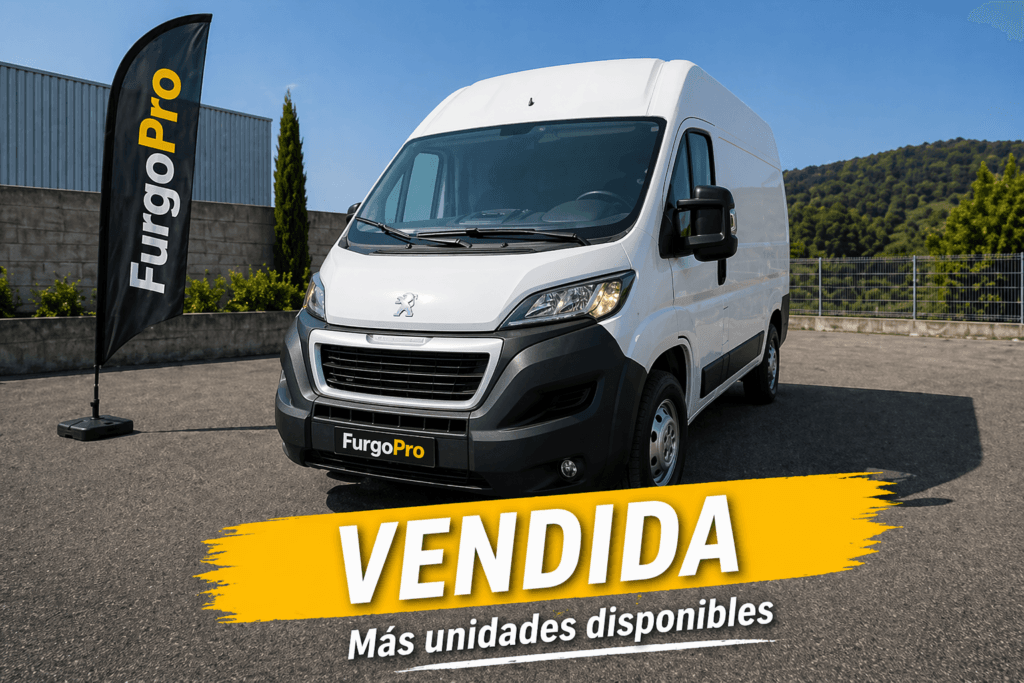 Peugeot Boxer blanca de segunda mano vendida en Girona con diseño FurgoPro sobre fondo industrial y más unidades disponibles
