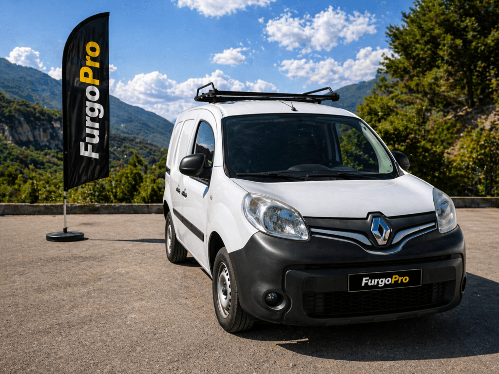 renault kangoo furgon  blanca de segunda mano vista frontal con fondo natural y bandera furgopro estilo profesional listo para trabajar