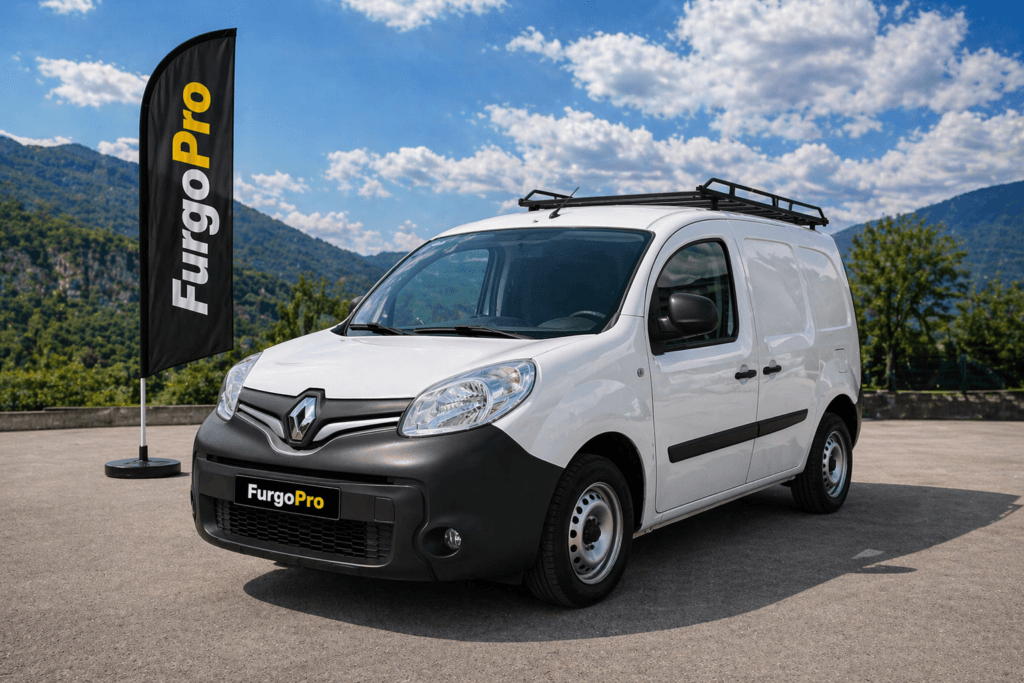 renault kangoo blanca en entorno natural con bandera furgopro estilo anuncio profesional listo para trabajar