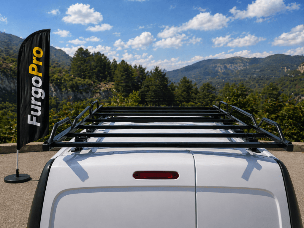 detalle del techo con portaequipajes de renault kangoo de segunda mano con fondo natural y bandera furgopro estilo profesional