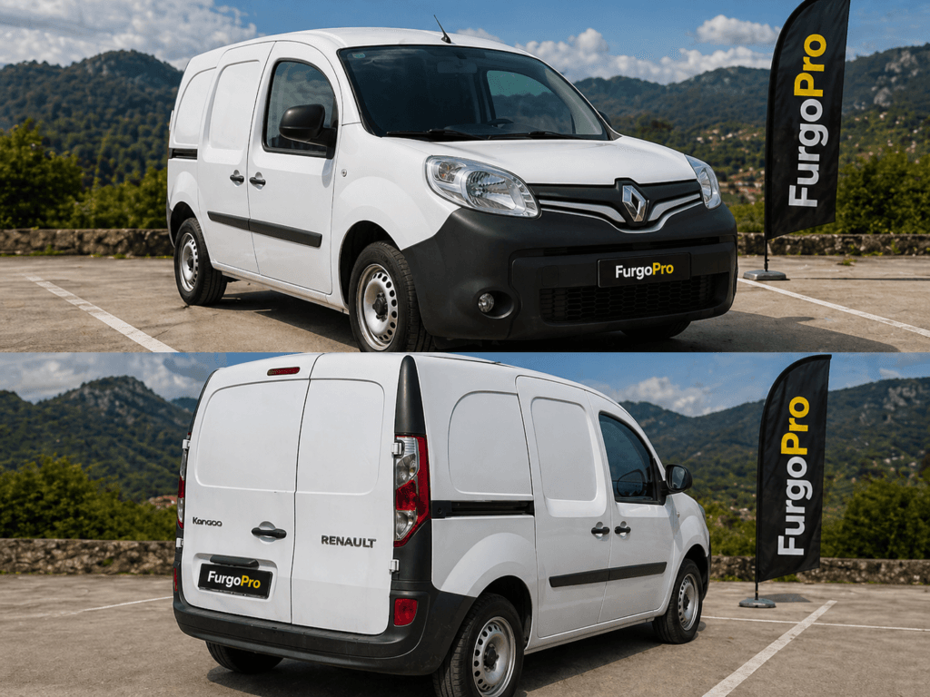 renault kangoo furgón blanca de segunda mano vista lateral con bandera furgopro en montañas de la garrotxa lista para trabajar