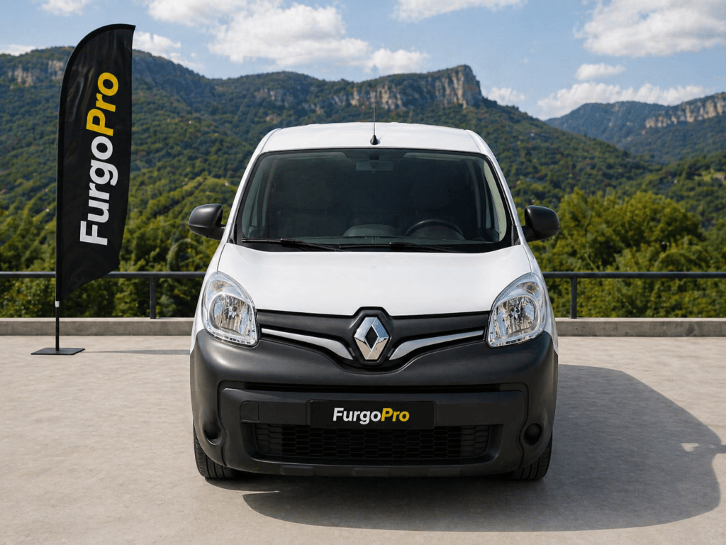 renault kangoo blanca de segunda mano vista frontal con fondo de montañas garrotxa y estilo profesional furgopro