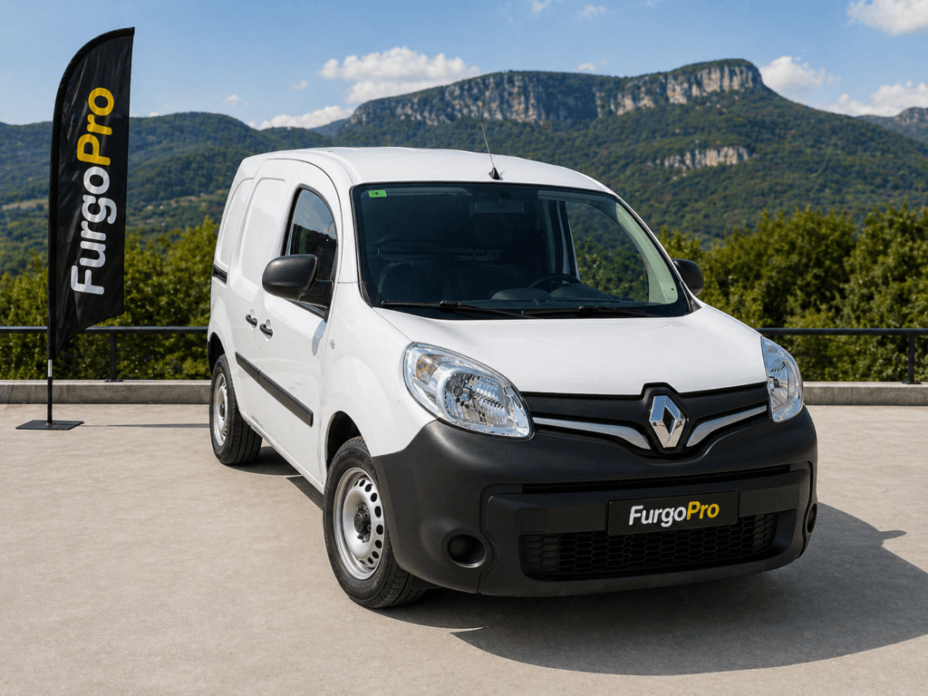 renault kangoo express blanca profesional blue dci 80cv en girona vista lateral delantera con fondo montañas garrotxa estilo furgopro lista para trabajar