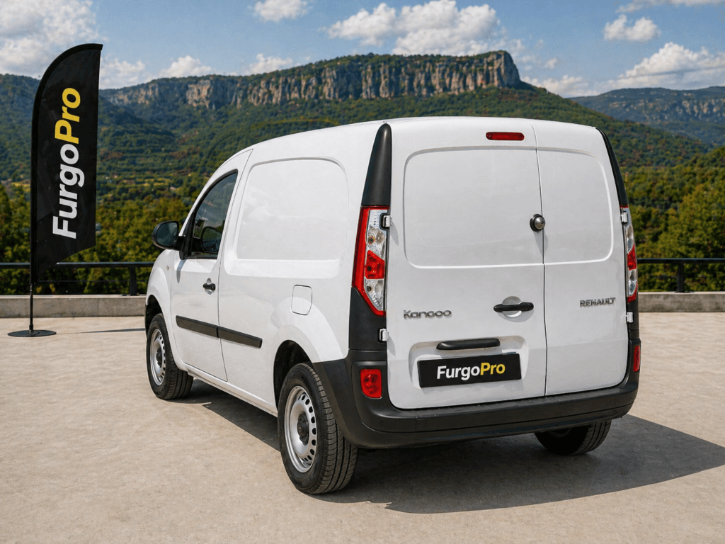 renault kangoo express blanca profesional blue dci 80cv en girona vista trasera lateral con fondo montañas garrotxa estilo furgopro lista para trabajar