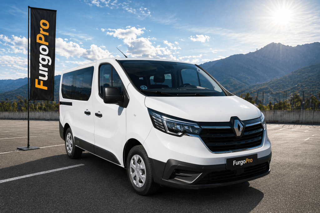 furgoneta renault trafic 9 plazas blanca segunda mano vista frontal lateral en parking con fondo natural y bandera furgopro lista para trabajar