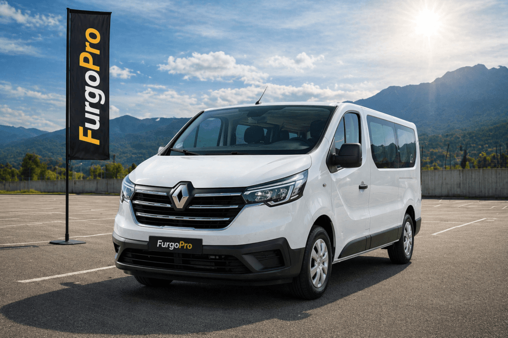 furgoneta renault trafic 9 plazas blanca segunda mano en parking con fondo natural y bandera furgopro lista para trabajar