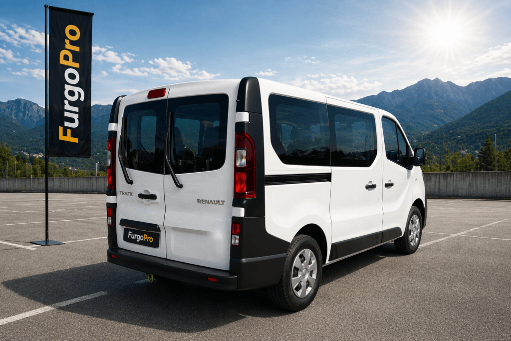 furgoneta renault trafic 9 plazas blanca segunda mano vista trasera lateral en parking con fondo natural y bandera furgopro lista para trabajar