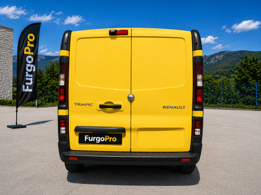 renault trafic mixta larga 6 plazas 2021 segunda mano en girona vista trasera recta con doble puerta sin rotulacion lista para uso profesional