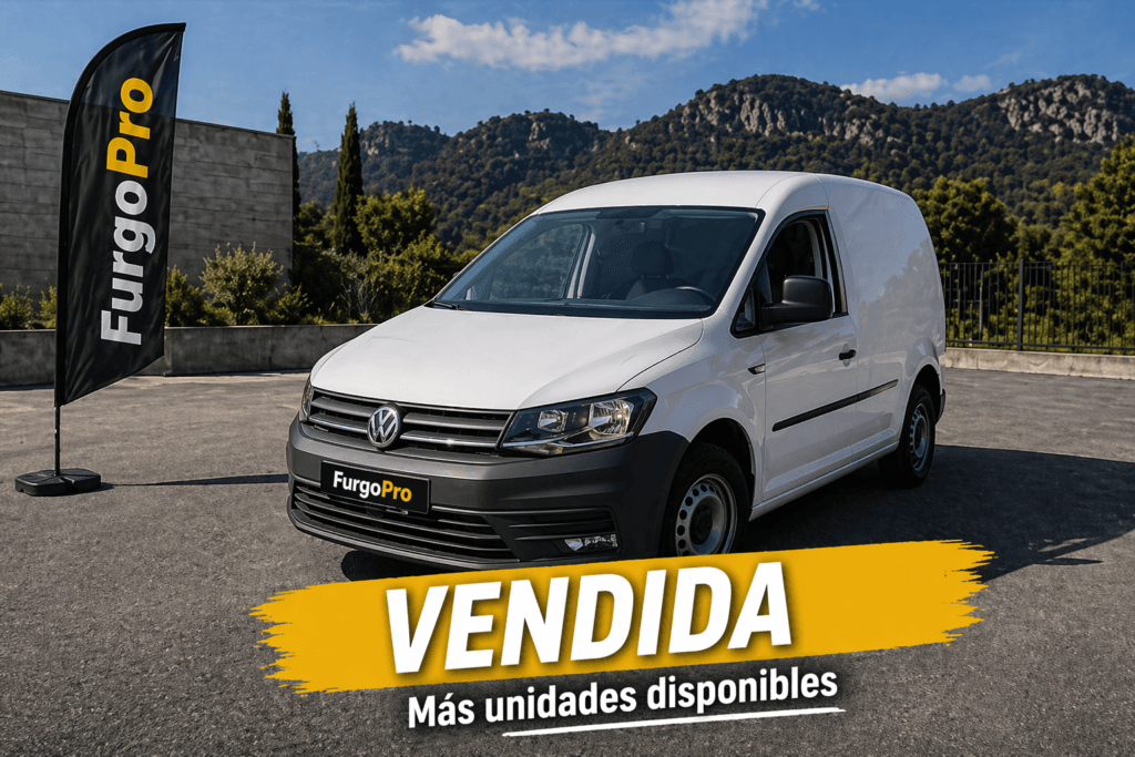 Volkswagen Caddy blanca de segunda mano vendida en Girona con diseño FurgoPro sobre suelo industrial y fondo limpio con más unidades disponibles