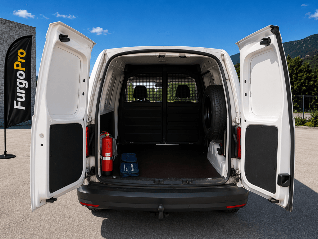 interior de carga de furgoneta volkswagen caddy de segunda mano con puertas traseras abiertas en entorno profesional furgoPro
