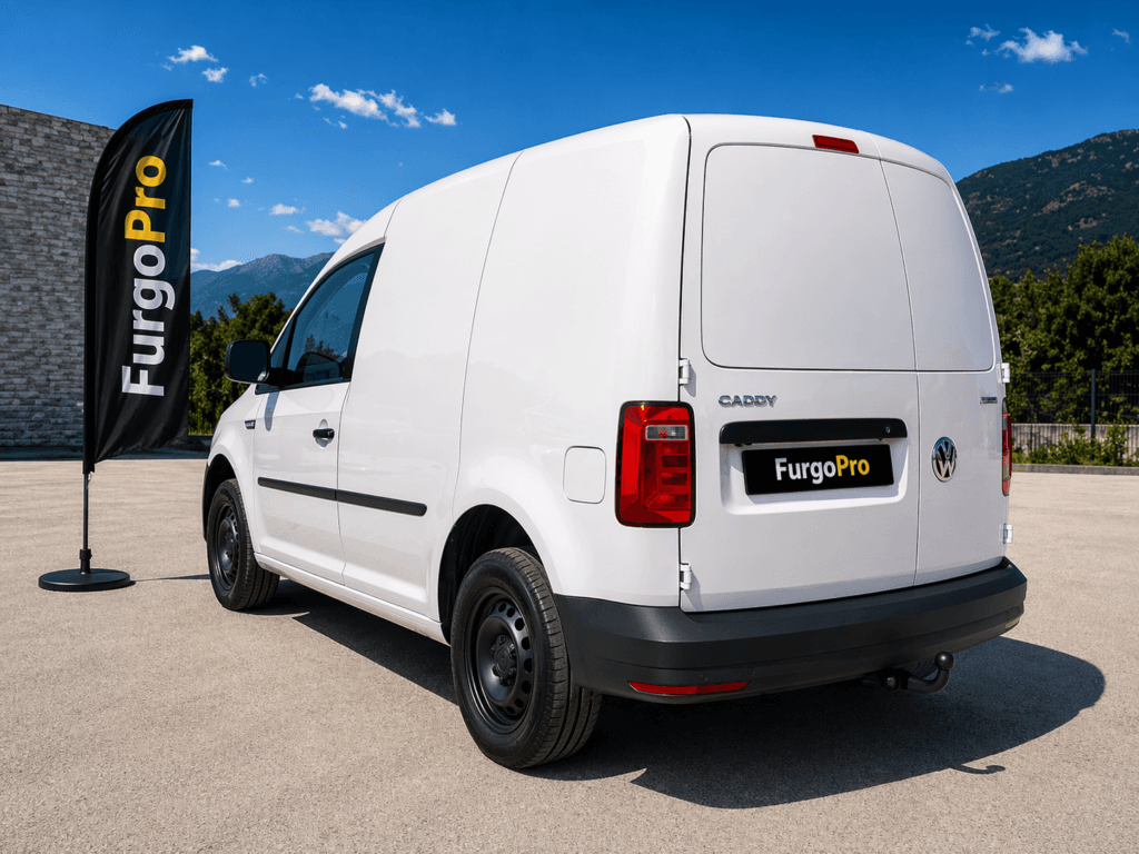 furgoneta volkswagen caddy blanca de segunda mano vista trasera en entorno profesional furgoPro