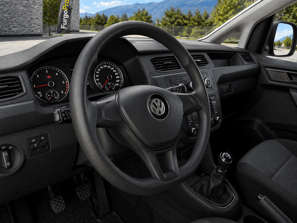 volante y salpicadero de volkswagen caddy con interior sin reflejos y fondo profesional furgoPro listo para trabajar