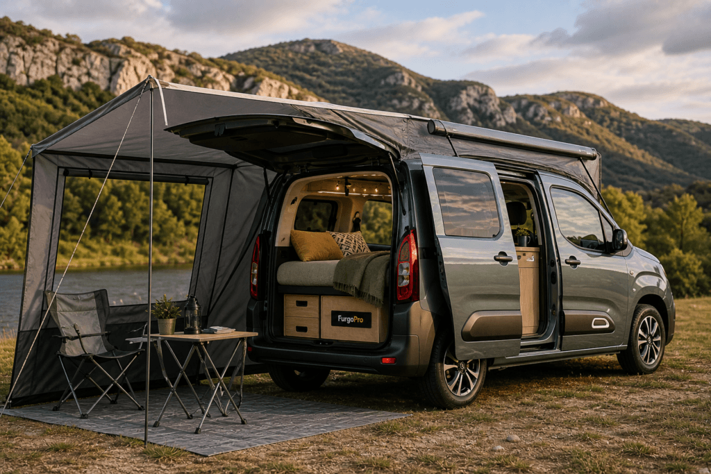 citroen berlingo camperizada con avance exterior y puertas abiertas mostrando interior equipada en entorno natural lista para viajar furgoPro