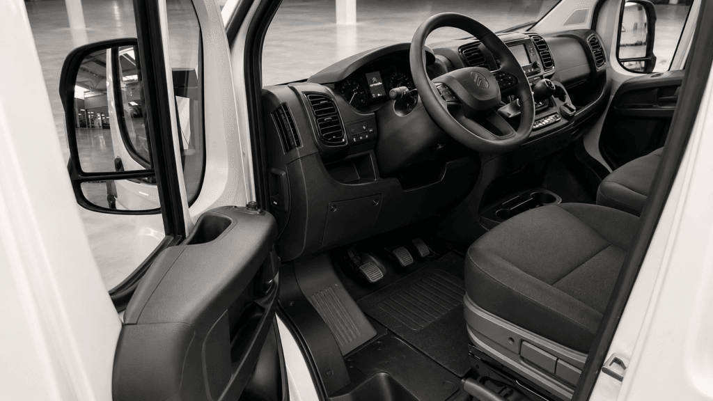 Puesto de conducción de Citroën Jumper L2H2 nueva con volante multifunción, asiento del conductor y acceso por puerta lateral abierta
