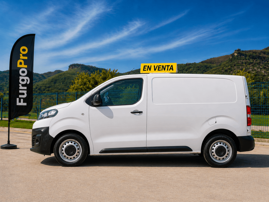 citroen jumpy blanca de segunda mano en vista lateral lista para trabajar con furgoPro en parking exterior