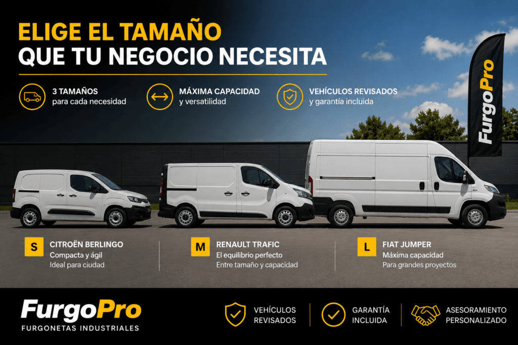 Comparativa de tamaños de furgonetas industriales de segunda mano en Girona: Citroën Berlingo, Renault Trafic y Fiat Ducato/Jumper para elegir la capacidad ideal según las necesidades de tu negocio.