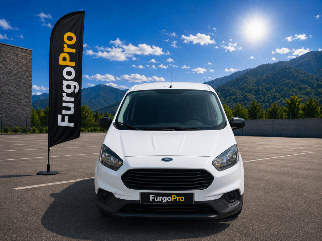 Vista frontal de Ford Transit Courier Van 2022 diésel de segunda mano con 13.691 km en entorno profesional FurgoPro lista para trabajar.