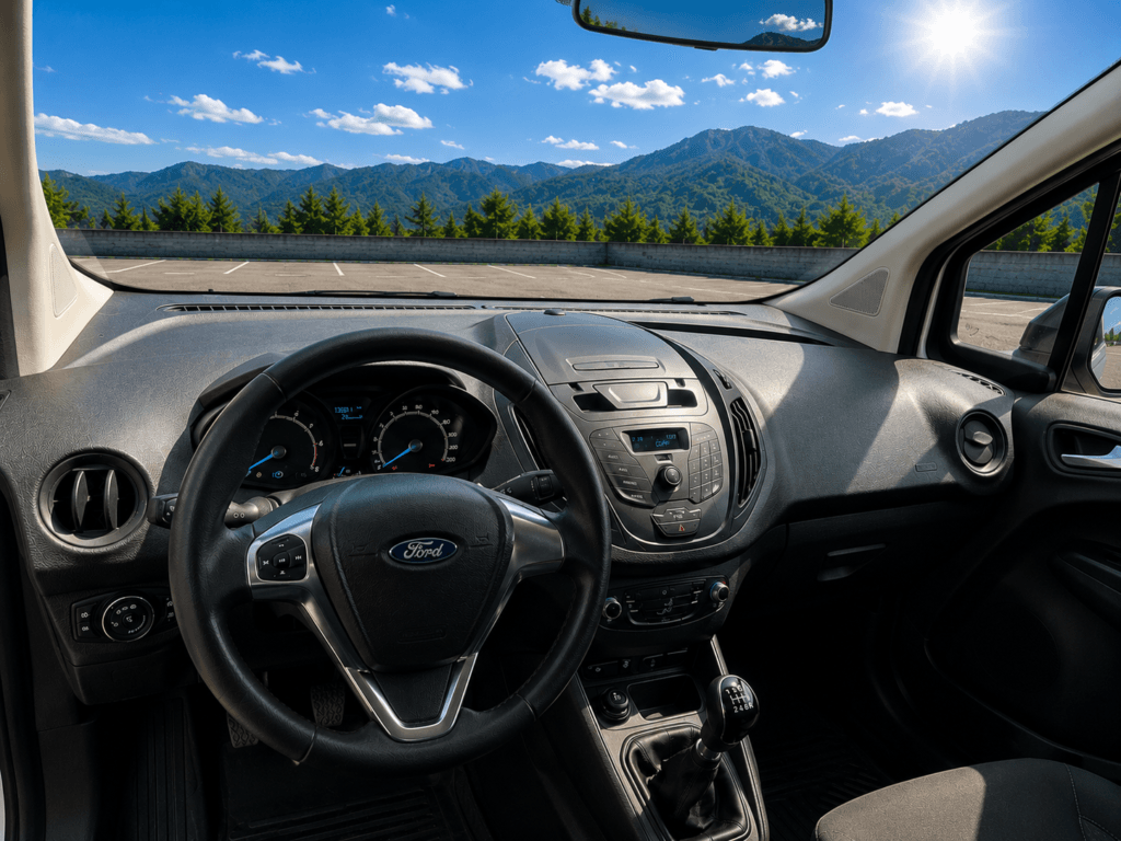 Interior de Ford Transit Courier Van 2022 diésel de segunda mano con 13.691 km y vista exterior premium FurgoPro con parking y montaña.