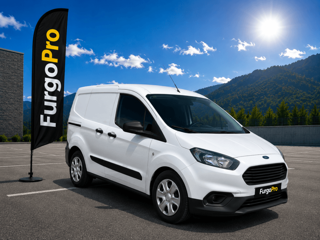 Ford Transit Courier Van 2022 diésel de segunda mano con 13.691 km vista lateral delantera en escenario premium FurgoPro para vehículo comercial profesional.