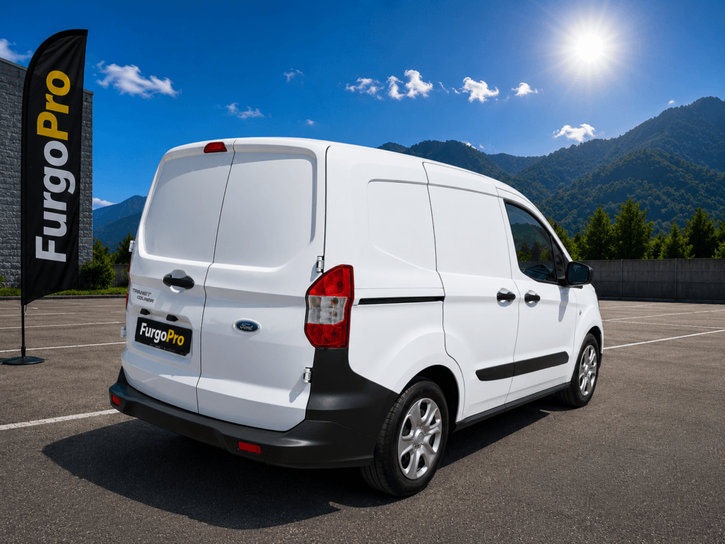 Vista trasera lateral de Ford Transit Courier Van 2022 diésel de segunda mano con 13.691 km en entorno comercial profesional FurgoPro.