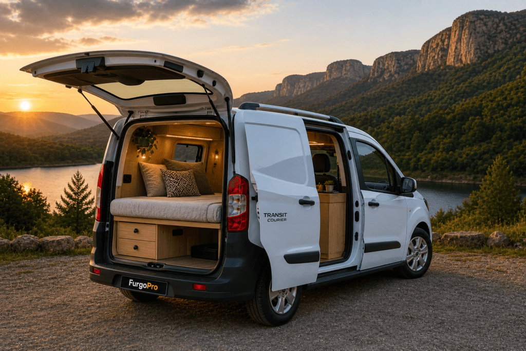 ford transit courier de segunda mano girona camperizada con porton trasero abierto mostrando cama y muebles interior en entorno natural lista para viajar furgoPro