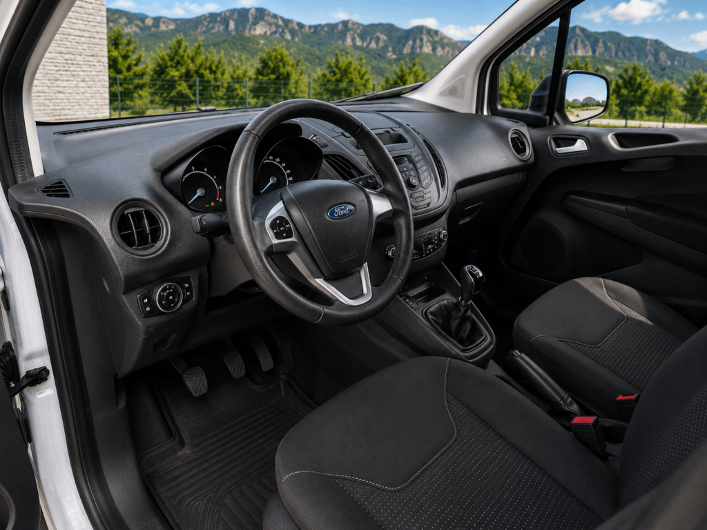 Interior de cabina de Ford Transit Courier de segunda mano con volante multifunción, cambio manual y asientos de tela en excelente estado.