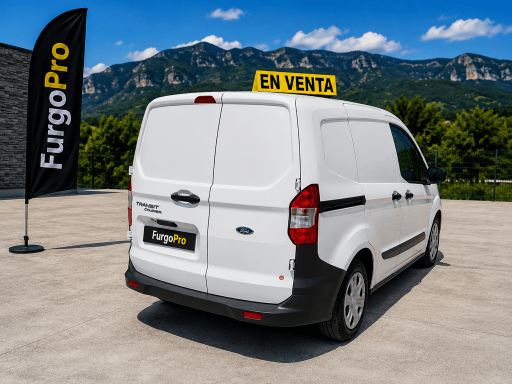 Transit Courier blanca de segunda mano con matrícula FurgoPro sobre suelo de hormigón y fondo de las montañas de la Garrotxa.