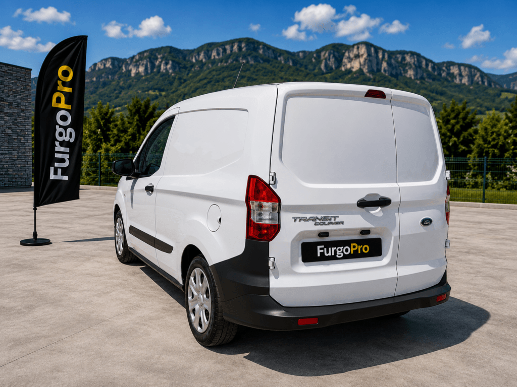 Vista trasera izquierda de Ford Transit Courier blanca de segunda mano con matrícula FurgoPro sobre suelo de hormigón y fondo de las montañas de la Garrotxa.