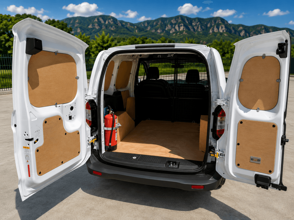 Zona de carga de Ford Transit Courier de segunda mano con puertas traseras abiertas, suelo de madera y mampara separadora de cabina.