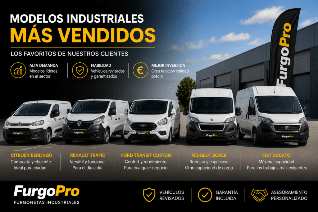 Modelos de furgonetas industriales más vendidos de segunda mano en Girona: Citroën Berlingo, Renault Trafic, Ford Transit Custom, Peugeot Boxer y Fiat Ducato disponibles en FurgoPro.