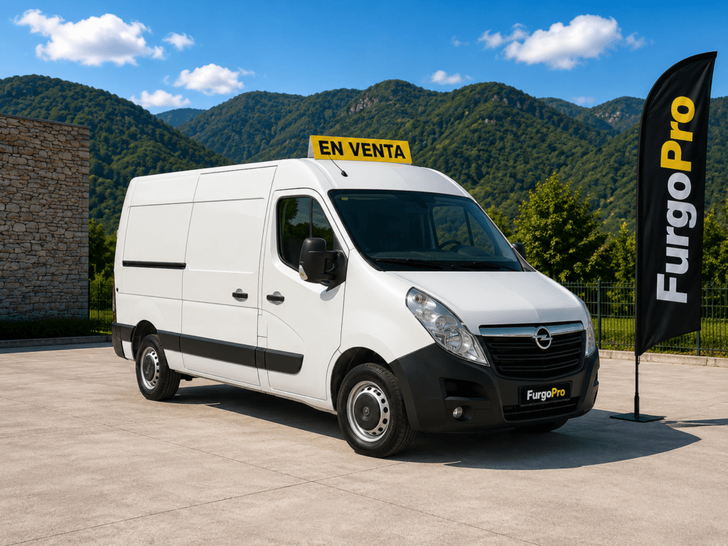 Vista lateral delantera de Opel Movano blanca de segunda mano en venta con acabado premium FurgoPro y fondo de montañas de la Garrotxa.