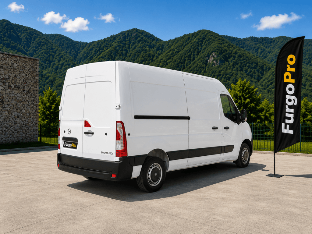Vista lateral trasera de Opel Movano blanca de segunda mano en venta con acabado profesional FurgoPro y fondo de las montañas de la Garrotxa.