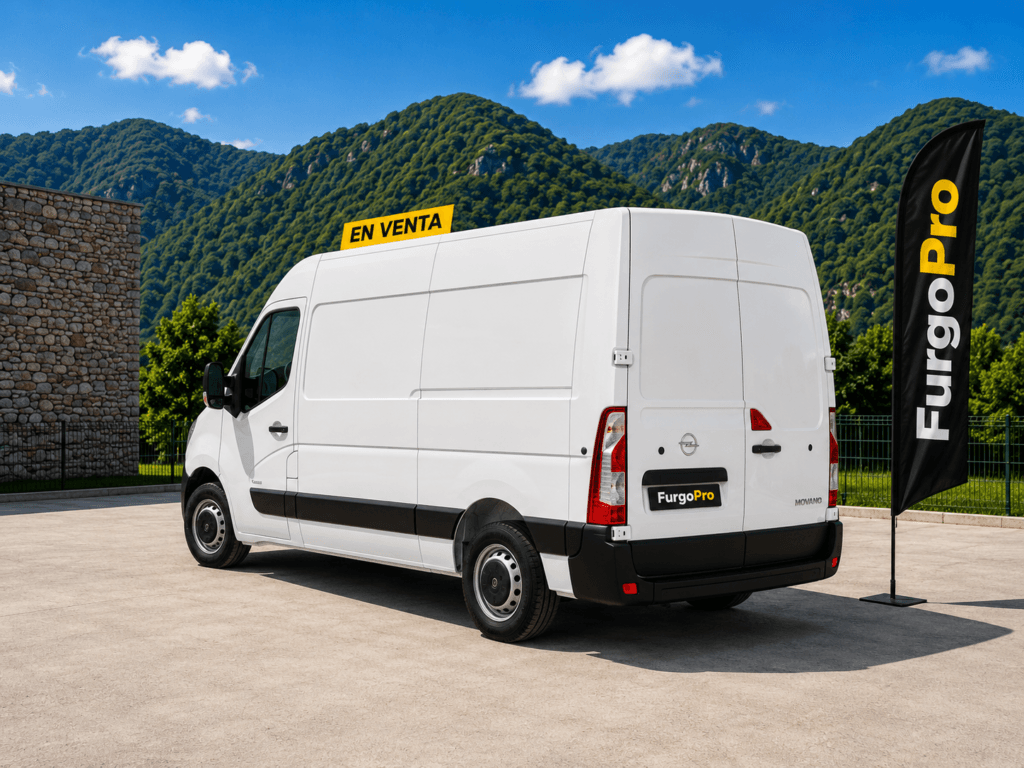 Vista trasera lateral de Opel Movano blanca de segunda mano en venta con acabado premium FurgoPro y paisaje natural de la Garrotxa.