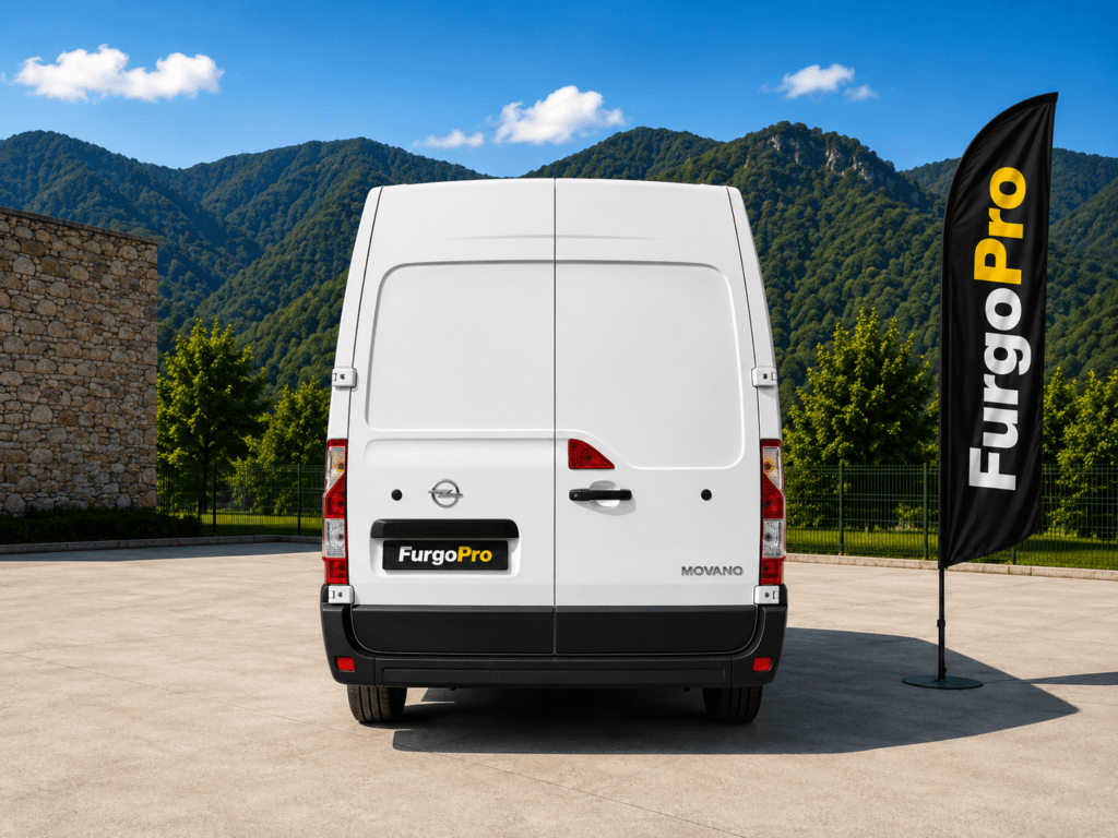 Vista trasera de Opel Movano blanca de segunda mano en venta con imagen profesional FurgoPro y paisaje de la Garrotxa al fondo.