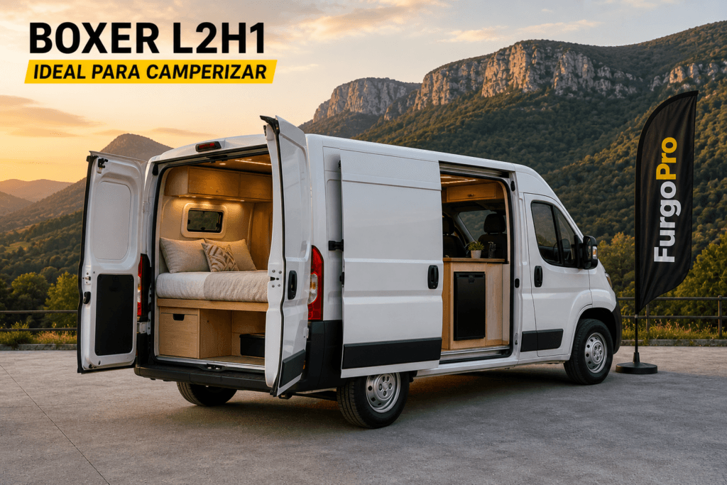 peugeot boxer l2h1 camperizada con puertas abiertas mostrando interior equipada lista para viajar furgoPro en entorno natural