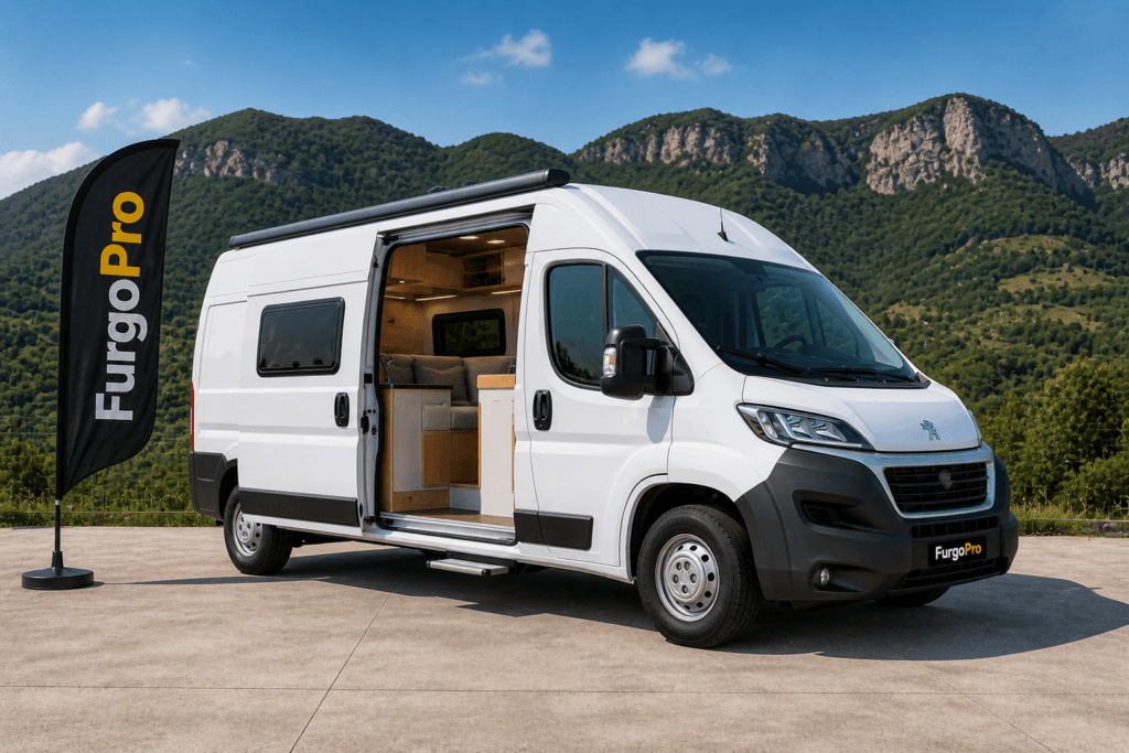 peugeot boxer l2h2 camperizada con puerta lateral abierta en suelo de hormigon con montanas de la garrotxa de fondo lista para trabajar furgoPro