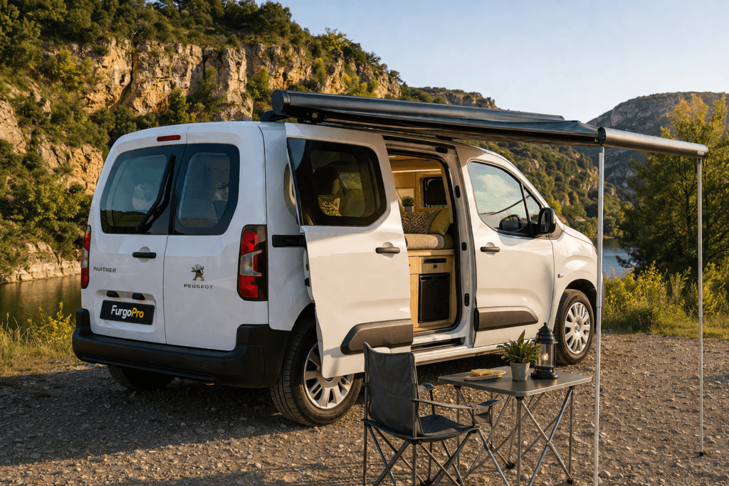 peugeot partner camperizada vista trasera lateral con puertas abiertas y interior equipada en entorno natural lista para viajar furgoPro