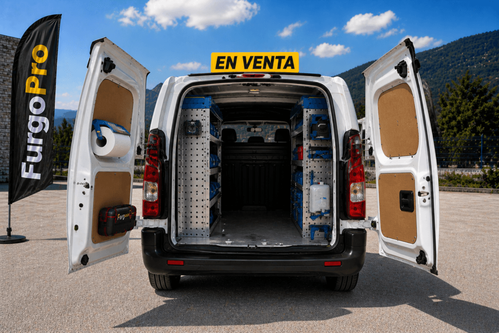 peugeot partner segunda mano vista trasera completa con puertas abiertas y equipamiento profesional furgoPro lista para trabajar