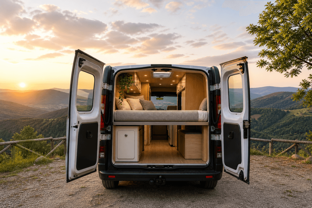 renault trafic camperizada vista trasera con puertas abiertas mostrando interior equipada y vistas bonitas de montanas lista para viajar furgoPro