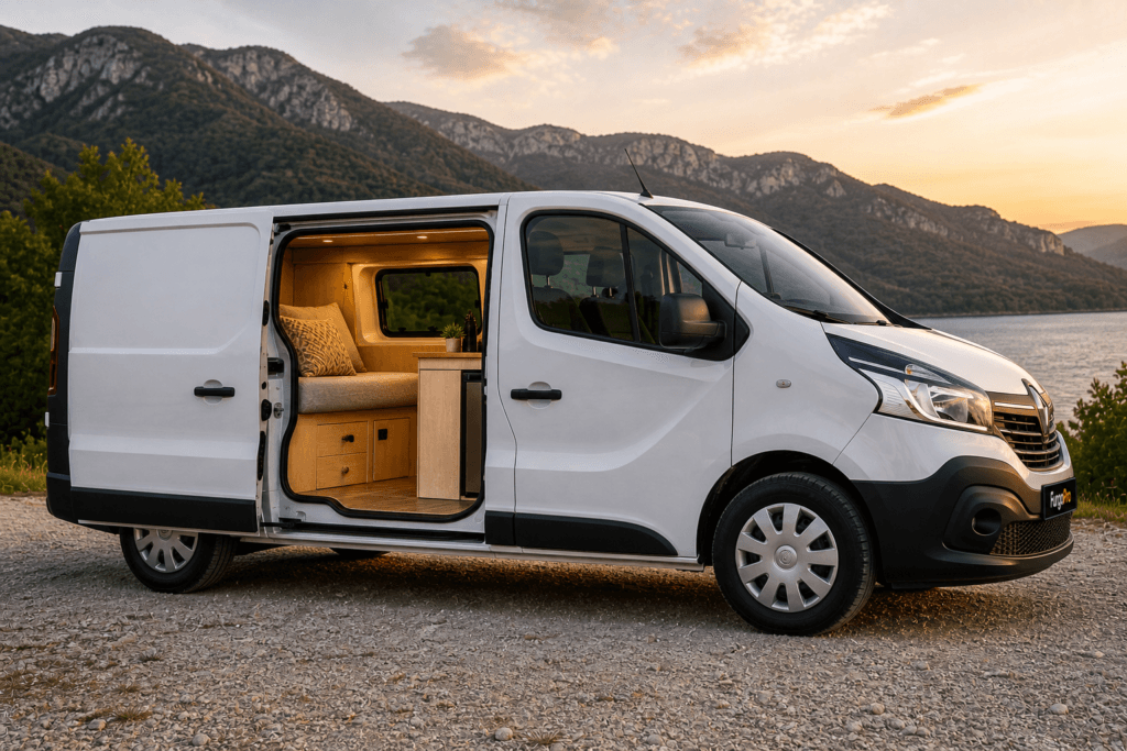 renault trafic camperizada vista lateral con puerta lateral abierta mostrando interior en entorno natural diferente lista para viajar furgoPro