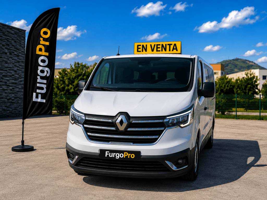 Vista frontal de Renault Trafic blanca de ocasión en exposición FurgoPro con estilo premium y cartel de venta profesional.